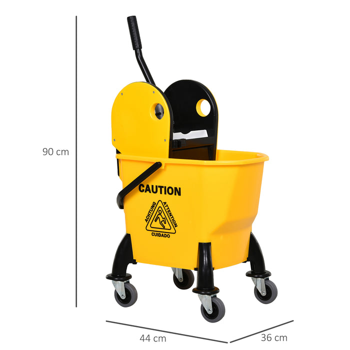 Heavy-Duty 26L Mop Bucket with Water Wringer - 4-Wheeled, Metal Handle, Plastic Construction, Pole Holder Cleaning Cart in Yellow - Ideal for Home and Commercial Use