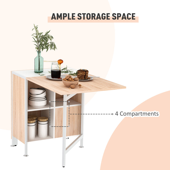 Foldable Oak & White Dining Table - Space-Saving Workstation with Storage Shelves - Ideal for Small Apartments & Studios