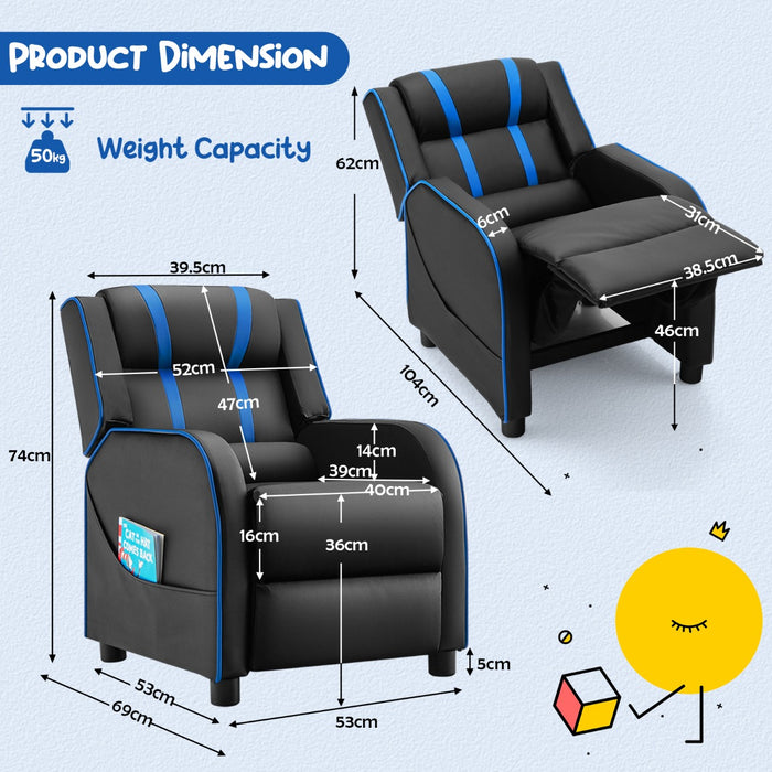 Kids Recliner Furniture - Adjustable Backrest Footrest & Side Pockets Chair in Blue - Ideal Comfort Solution for Children