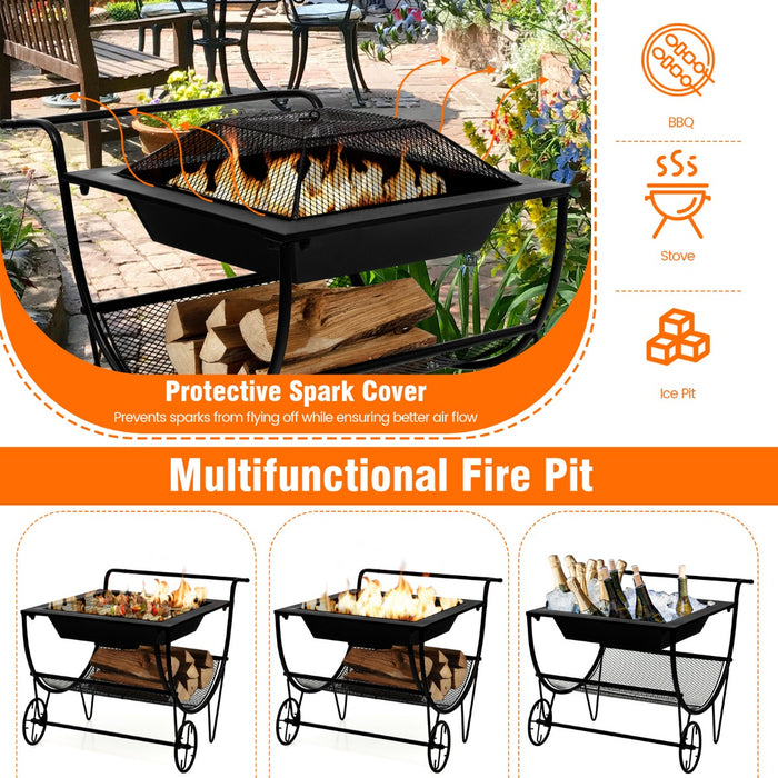 Outdoor Fire Pit with Rolling Feature - Durable, Portable Firepit with Firewood Rack - Ideal for Patio, Backyard Gatherings and Outdoor Entertainment