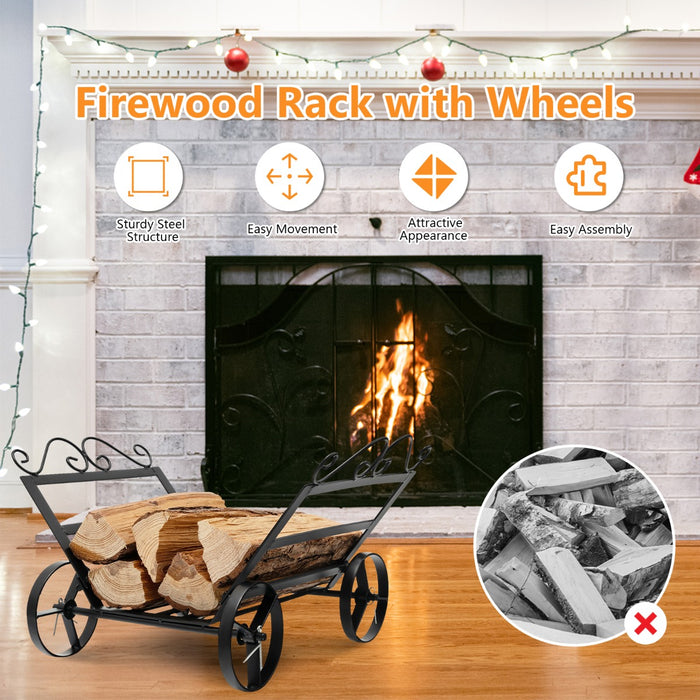 Heavy Duty Metal Brand - Firewood Rack with Wheels for Easy Transport - Ideal for Outdoor Wood Storage Solutions