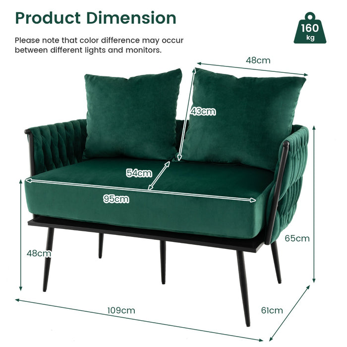 Modern Loveseat Sofa - Woven Back and Arms, Green Finish - Ideal for Contemporary Home Décor