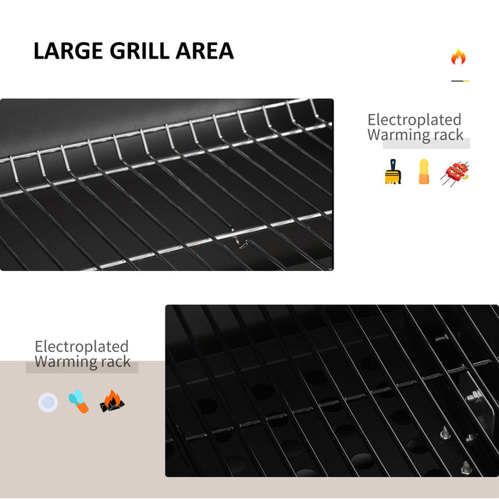 Outdoor Charcoal Grill BBQ Trolley with Smoker - Backyard Garden Cooking Station with Side Shelf, Table, & Wheels - Built-in Thermometer for Perfect Grilling Temp Control