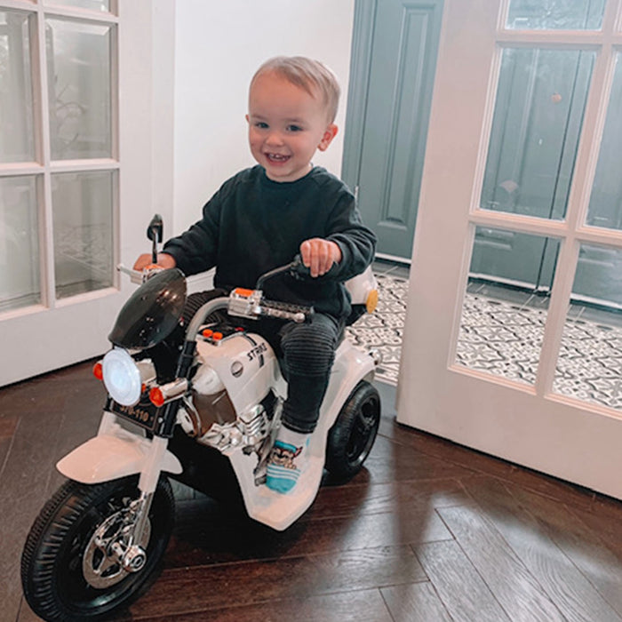 Kids 6V Electric Ride-On Trike - Battery-Powered Motorcycle with Lights, Music, and Horn - Perfect for Toddlers 18-36 Months in Sleek White