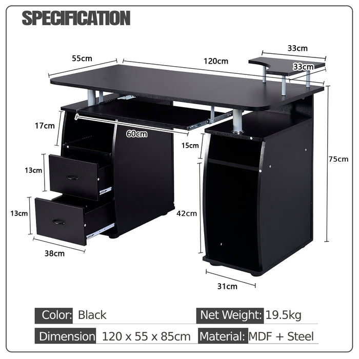 Office Desk Collection - Sleek Black Workstation with 2 Drawers and Sliding Keyboard Tray - Ideal for Professionals & Home Offices