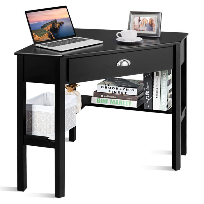 Corner Table Brand - Computer Desk with Drawer and Shelves in Black - Ideal for Home Office and Study Spaces