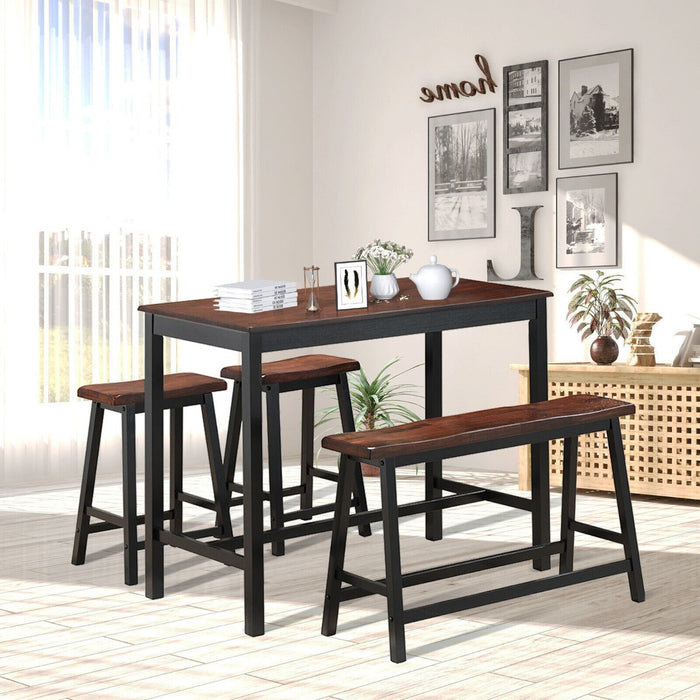 Dining Furniture Set - 4 Pieces with Table, Chair, Bench, and Stools In Coffee - Ideal for Casual Meal Settings and More Intimate Dining Occasions