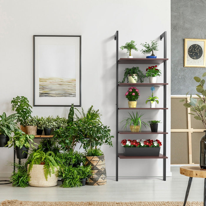 Industrial Styled Design - Wall Mounted 5-Tier Ladder Shelf in Coffee Finish - Ideal for Displaying Decor and Organizing Spaces