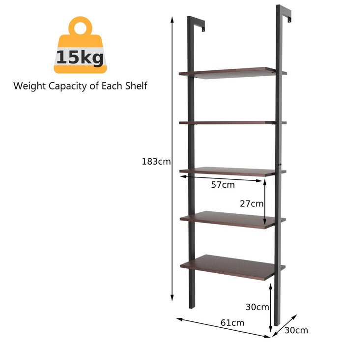 Industrial Styled Design - Wall Mounted 5-Tier Ladder Shelf in Coffee Finish - Ideal for Displaying Decor and Organizing Spaces