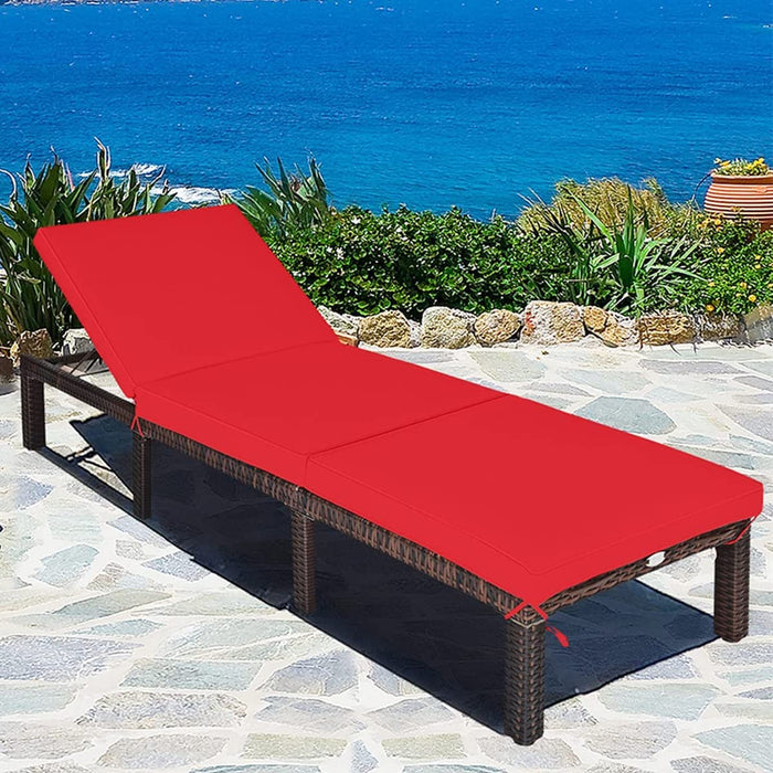 Rattan - Sun Lounger, Adjustable Backrest, Removable Red Cushion - Perfect for Outdoor Relaxation and Comfort