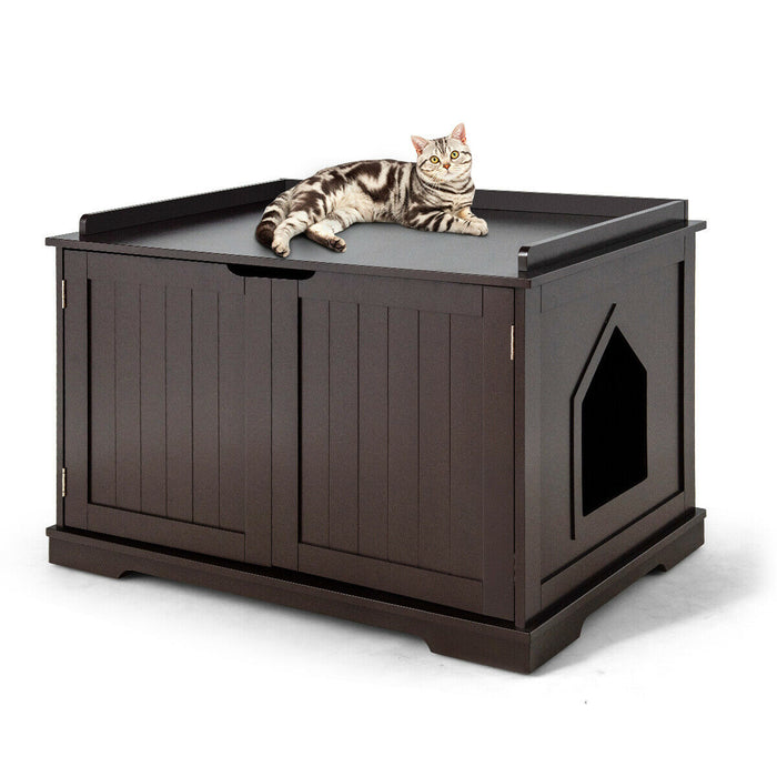 Double-Door Large Cat Litter Box - Convenient with Removable Divider and Brown Finish - Ideal for Multiple Cat Households