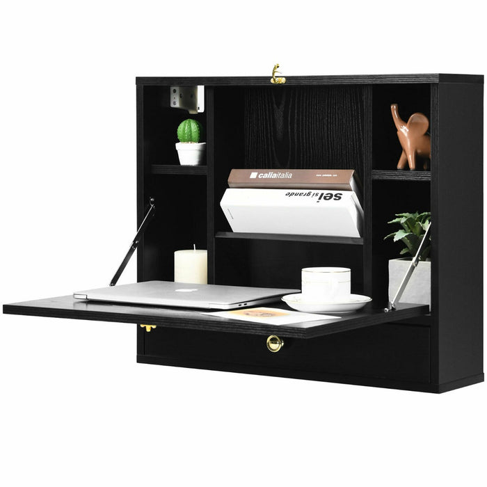 Black Wooden Cabinet with Drop Down Desk - Wall Mounted Storage Furniture - Ideal for Small Spaces and Home Office