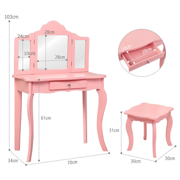 Child's Vanity Table Set - Wooden, Detachable Top, Folding Mirrors, Stool Included, Pink - Perfect for Pretend Play and Dress-Up Activities