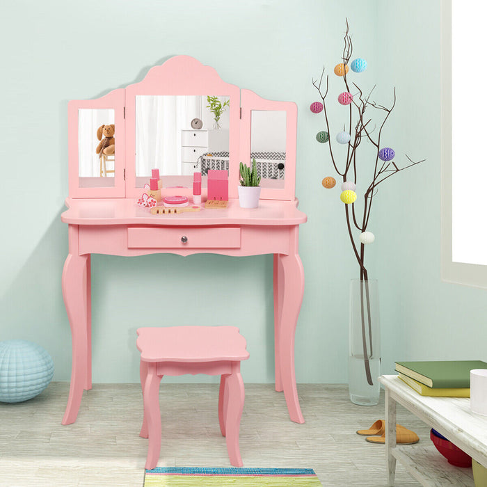 Child's Vanity Table Set - Wooden, Detachable Top, Folding Mirrors, Stool Included, Pink - Perfect for Pretend Play and Dress-Up Activities