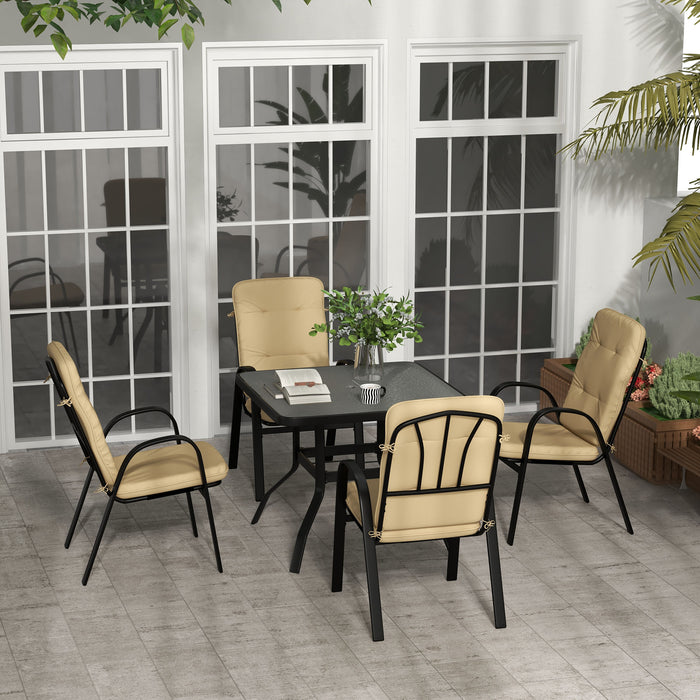 Outdoor Square 5-Piece Dining Set - Tempered Glass Table, 4 Cushioned Armchairs with Umbrella Hole - Perfect for Patio and Garden Entertaining