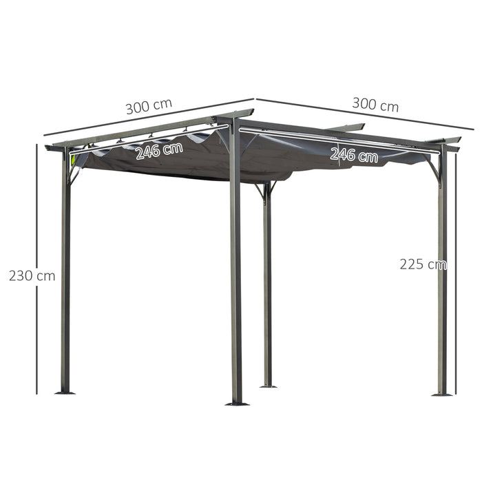 Metal Pergola Gazebo with Retractable Canopy 3x3m - Outdoor Garden Sun Shade Shelter, Grey - Ideal for Marquee Parties and BBQs