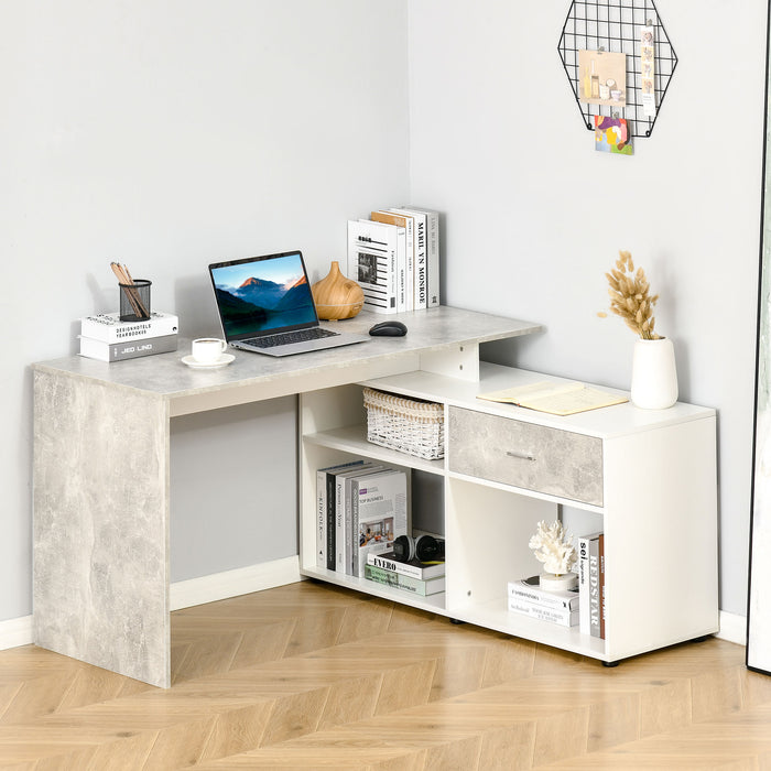 L-Shaped Workstation with Shelves and Drawer - Grey and White Home Office Corner Computer Desk - Ideal for Space Saving and Study Environments