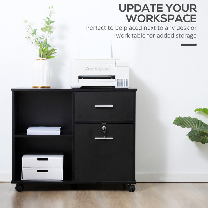 Mobile Office Storage Organizer - Rolling Filing Cabinet with Open Shelves and Drawers for A4 Papers - Space-Saving Printer Stand with Wheels for Home Office