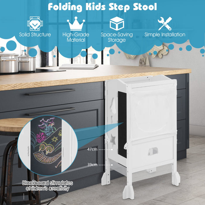 Kids Kitchen Step Stool - Wooden Construction with Attached Blackboard in Blue - Ideal for Children's Cooking Activities and Drawing Fun