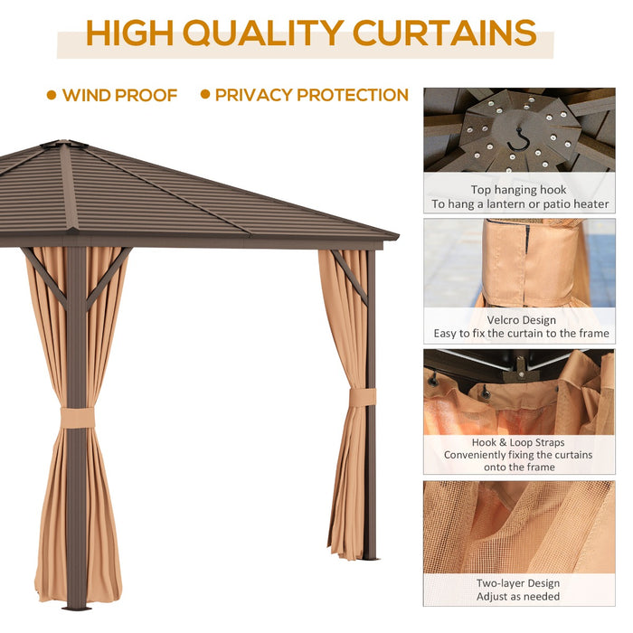 Aluminium Patio Gazebo 3x3 Meters - Hardtop Metal Roof Canopy with Mesh Curtains & Side Walls, Brown - Elegant Outdoor Shelter for Garden Parties & Events