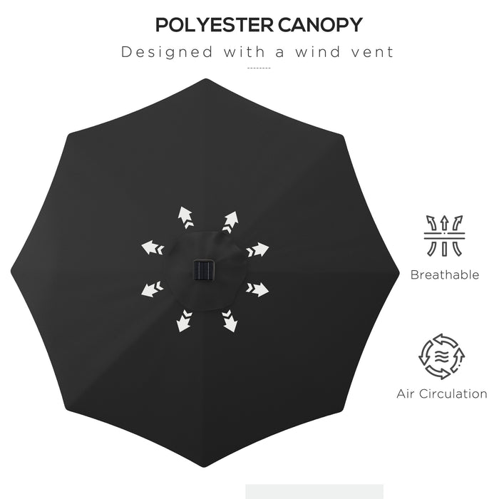 Outdoor Tilt Sun Umbrella with Solar-Powered LED Lights - Φ2.7m Garden Parasol, Hand Crank, 8 Ribs, Patio Sun Shade in Black - Ideal for Nighttime Entertainment & Daytime Relaxation