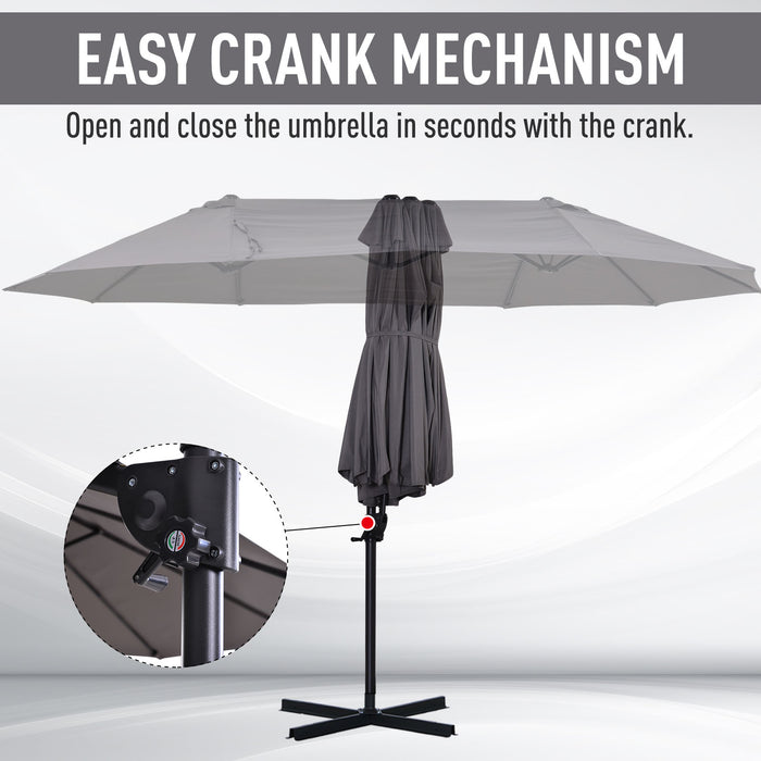 Double Canopy Patio Umbrella with Crank Handle - Steel Pole, 12 Support Ribs, Garden Sun Shade - Ideal for Outdoor Entertaining, Grey Twin Canopy