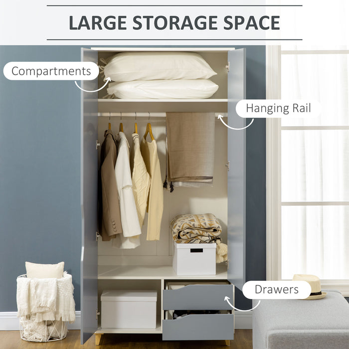 Bedroom Wardrobe Organizer with Hanging Rail - Spacious Grey Clothes Storage Unit with 2 Doors, 2 Drawers, and Shelves - Ideal for Decluttering and Organizing Apparel (89x50x185cm)