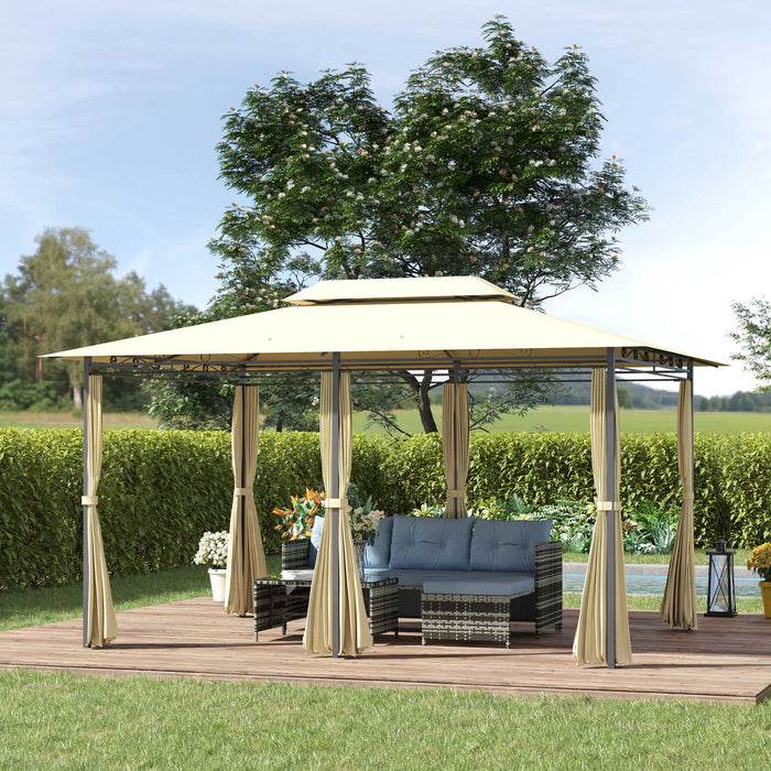 4m x 3m Metal Gazebo - Outdoor Canopy Party Tent with Beige Curtains Sidewalls - Ideal Garden Pavilion Patio Shelter for Events & Gatherings