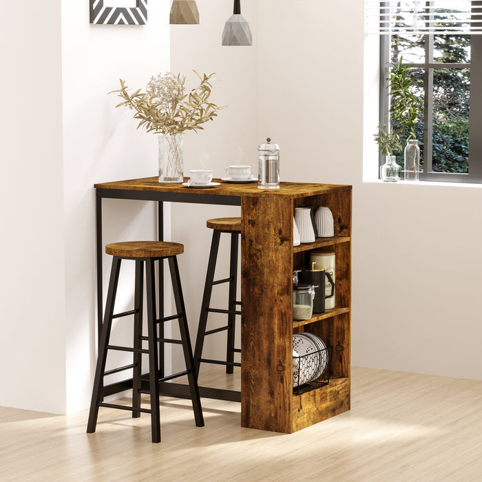 Industrial Style 3-Piece Bar Table Set - Pub Dining Ensemble with Height-Adjustable Table and 2 Stools, Storage Shelf - Ideal for Home Entertainment and Small Spaces, Rustic Brown Finish