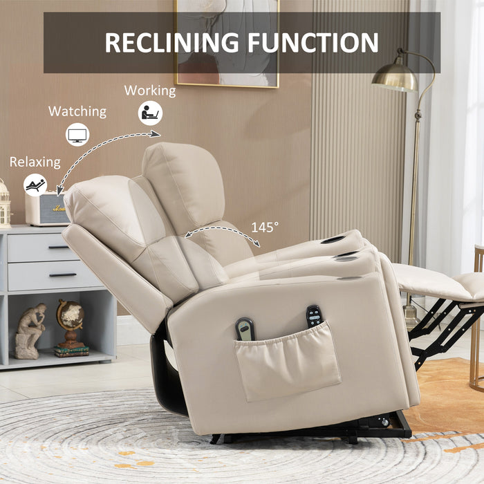 Electric Riser Recliner Chair with Massage and Heat - Vibration Massage, Cup Holders, Side Pockets in Beige - Ideal for Elderly and Individuals with Mobility Issues