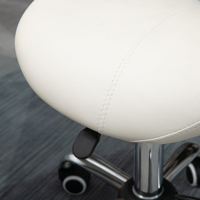 360° Rotating Adjustable Cosmetic Stool - Comfortable Cream Faux Leather Saddle Seat with Hydraulic Lift and Rolling Base - Ideal for Salon, Spa, and Massage Therapists