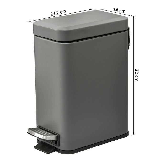 5L Rectangular Compact Bin with Pedal Lid - Steel Body and Removable Bucket, Quiet-Close Lid - Ideal for Tidy Waste Disposal in Home or Office