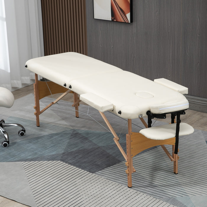 Portable 2-Section Massage Table - Folding Spa and Beauty Bed with Carry Bag, Wooden Frame in Cream Finish - Ideal for Therapists, Salons, and Home Use