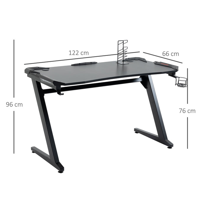 Ergonomic Gaming Desk - Home Office Workstation with Headphone Hook and Cup Holder, 122 x 66 x 86cm - Ideal for Gamers and Streamers, Black