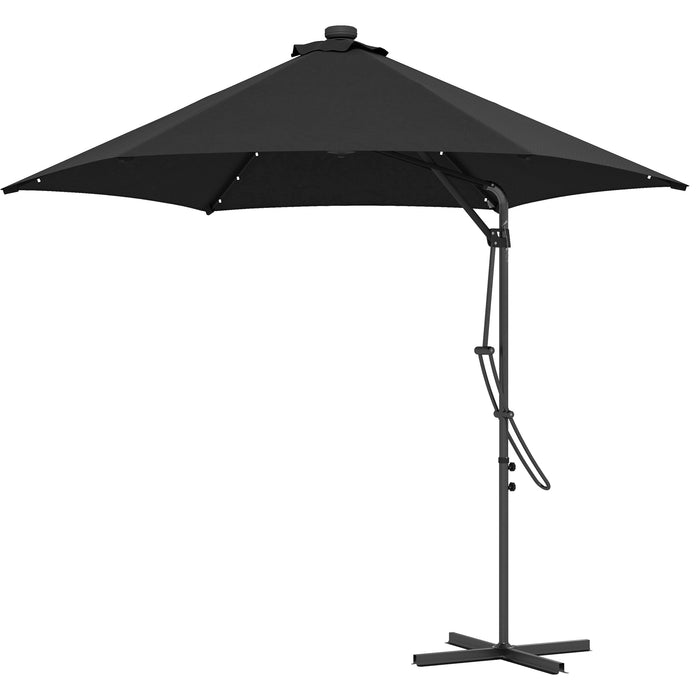 Cantilever Garden Parasol Umbrella with Solar LED Lights - 3m Outdoor Shade with Sturdy Cross Base & Waterproof Canopy in Black - Perfect for Patio, Deck, or Poolside Relaxation