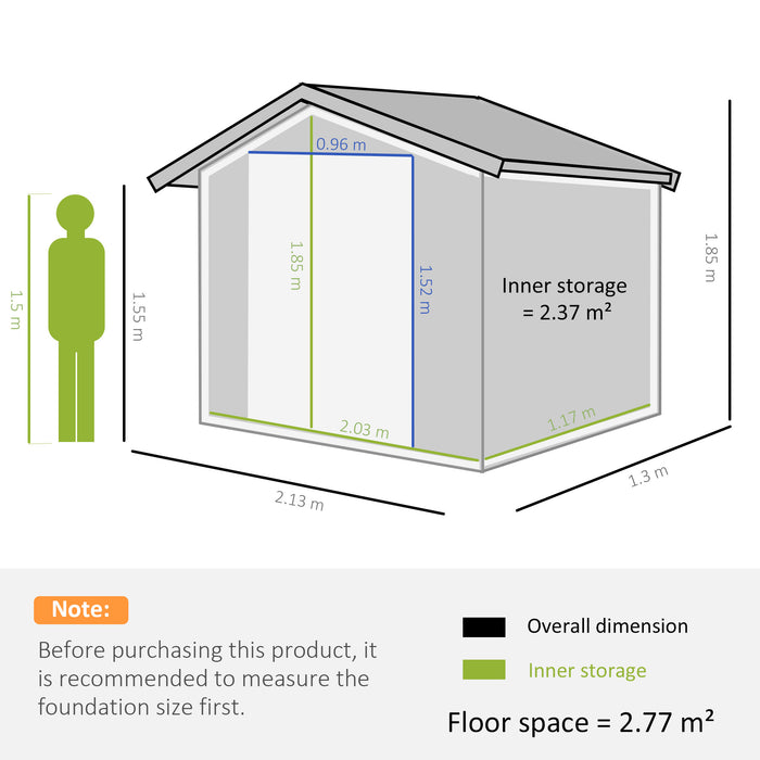 Large Lockable Metal Garden Shed - 7ft x 4ft Dark Grey Patio Storage with Foundation - Secure Outdoor Tool and Equipment Organizer