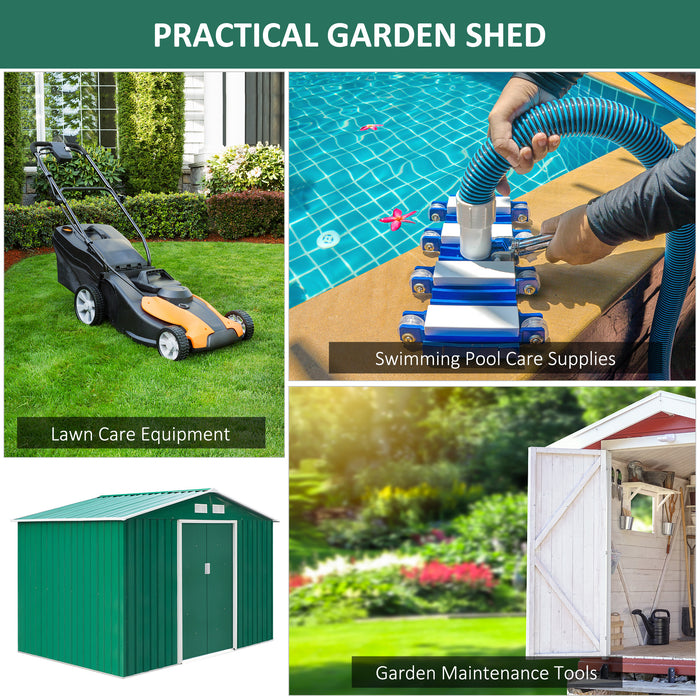 Large Metal Garden Shed with Lock - 9x6 FT Outdoor Patio Tool Storage Building with Foundation - Secure Green Shed for Garden Equipment and Furniture