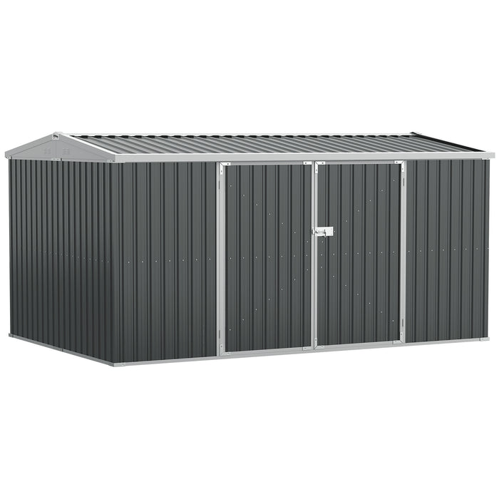 Large Patio Lockable Garden Shed - 14 x 9 ft Metal Storage Building with Foundation, Roofed Outdoor Tool Shed - Ideal for Equipment, Tools, and Outdoor Furniture Storage, Grey