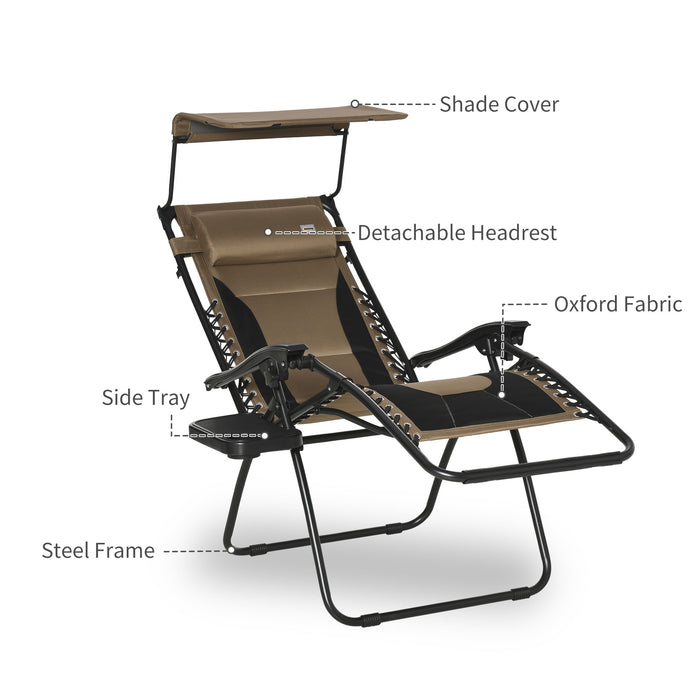 Zero Gravity Recliner - Foldable Patio Lounger with Sunshade, Drink Holder & Pillow - Perfect for Poolside Relaxation and Camping, in Earthy Brown