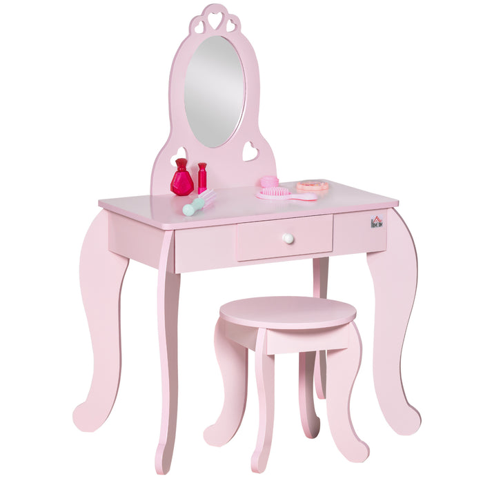 Kids Vanity Set with Stool - Girls Pink Dressing Table, Makeup Desk with Chair and Mirror - Play Dresser for Children's Imaginative Play