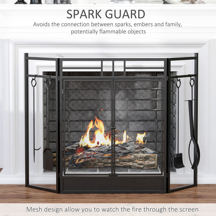 Folding Steel Fire Guard with Double Doors - Triple Panel Mesh Fireplace Screen for Open Fires, 122cm Width x 80cm Height - Safety Accessory for Home Fireplaces