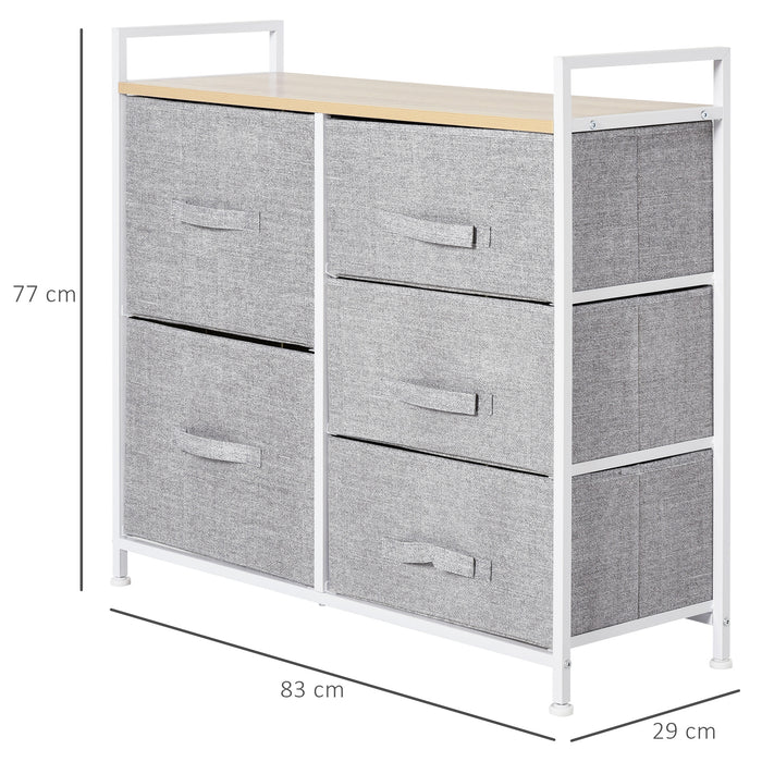 5-Drawer Linen Organizer Chest - Home Organization with Shelf, Handles, Metal Frame and Adjustable Feet - Space-Saving Dresser for Hallways and Bedrooms, Grey