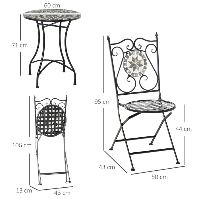 3 Pcs Mosaic Tile Bistro Set - Metal Frame Garden Furniture with Folding Chairs and Elegant Scrolling - Ideal for Outdoor Patio or Balcony Seating