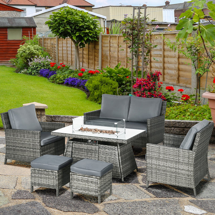 Rattan 6-Seater Outdoor Ensemble with Gas Fire Pit - Wicker Loveseat, Armchairs, Footstools Set in Grey - Perfect for Garden Patio Entertainment and Relaxation