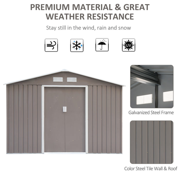 Metal Garden Storage Shed 9x6 ft - Sloped Roof, Double Door, Ventilation, with Foundation - Outdoor Tool House, Grey, Protects Equipment and Tools