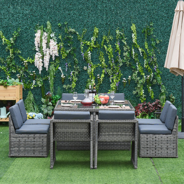 8-Seater Rattan Dining Set - Patio Garden Wicker Cube Sofa with Umbrella Hole Table, Mixed Grey - Perfect for Indoor & Outdoor Entertaining