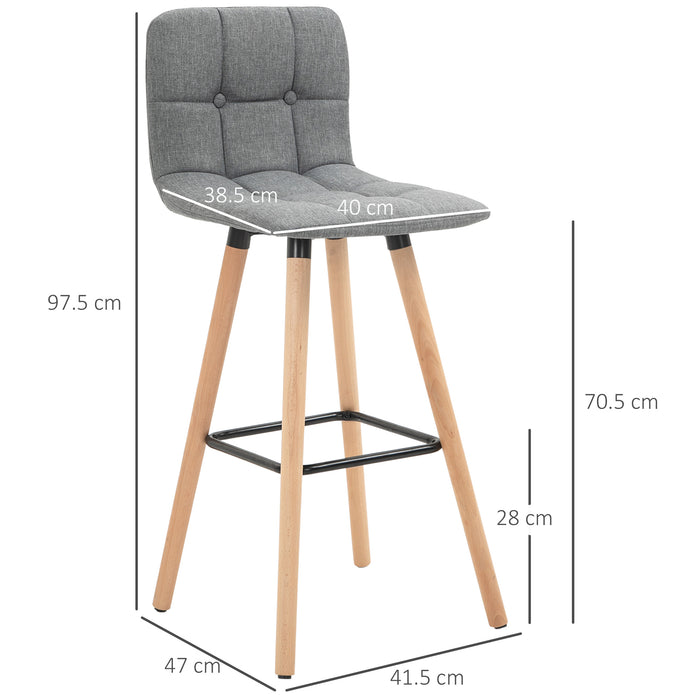 Button-Tufted Armless Bar Stools, Set of 2 - Counter Height Chairs with Wood Legs & Footrest in Grey - Comfort Seating for Kitchen Island or Home Bar