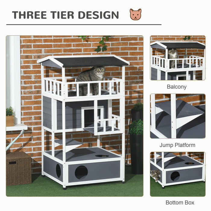 Cats Fir Wood 3-Tier Playhouse - Waterproof Multi-Level Feline Entertainment Center - Ideal for Outdoor Cat Adventures and Relaxation