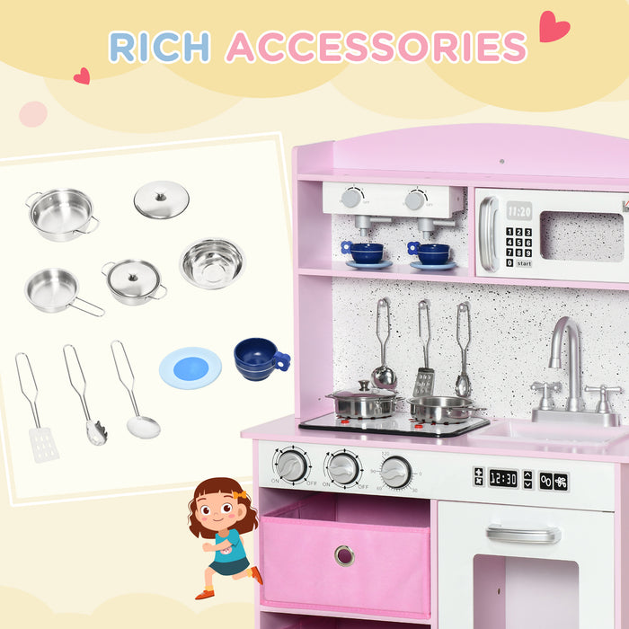 Interactive Wooden Play Kitchen Set with Functional Lights & Sounds - Includes Coffee Maker, Microwave, Sink, Utensils & Storage Bins - Perfect for Children's Imaginative Pretend Play in Pink