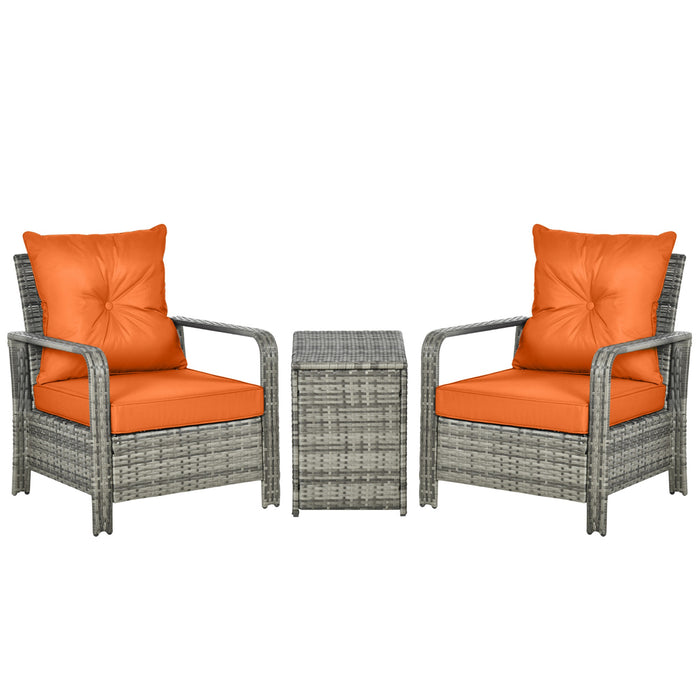 PE Rattan 3-Piece Bistro Patio Set - Wicker Garden Furniture with Storage Table and Orange Cushions, Mixed Grey - Ideal for Conservatory or Outdoor Lounging